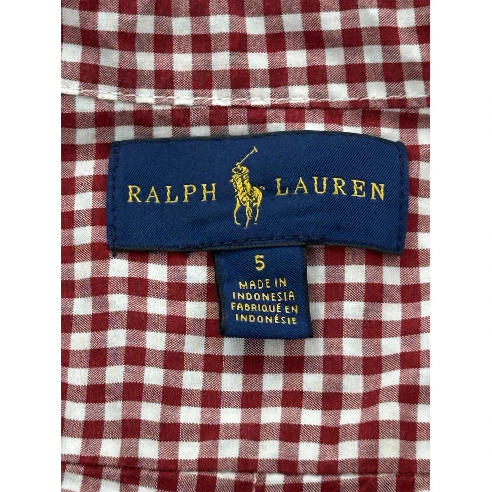Ralph Lauren Boys Size 5 Red White Gingham Button Down Long Sleeve Cotton Shirt